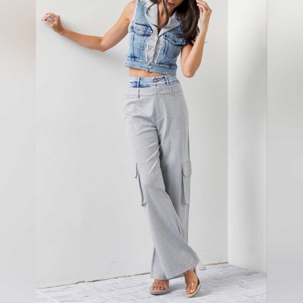#512 521 🛑S,L HIGH END Mixed Fabric Denim Vest and Cargo Pants Set